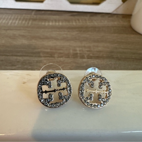 Tory Burch Circle Pavé Double Clear Stone T Logo Stud Earrings - Gold tone - Picture 1 of 9